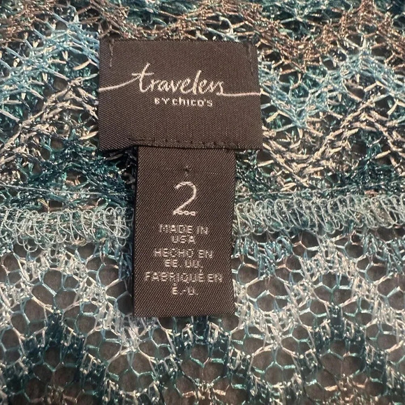 Chicos Travelers Collection Chevron Open Cardigan Blue Size 2 (L) Sheer Zigzag - Picture 3 of 7